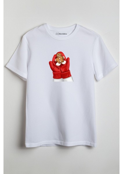 Kırmızı Noel Eldivenleri ve Zencefilli Kurabiye Adam Baskılı Unisex T-Shirt Beyaz