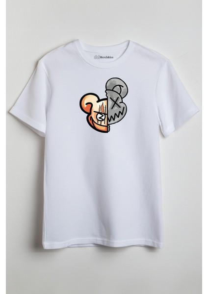 Yarı Ölü Ayı Baskılı Unisex T-Shirt Beyaz