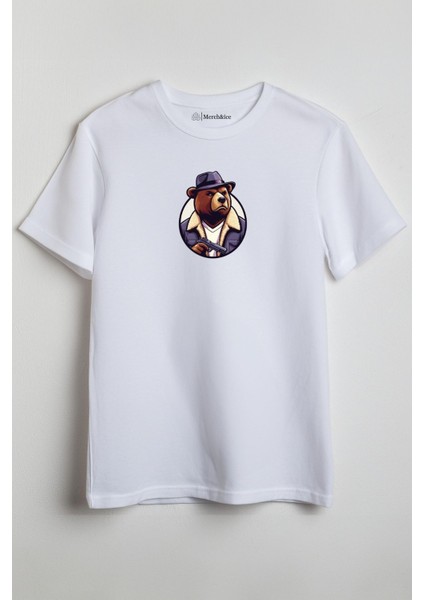 Bear Man With Gun Baskılı Unisex T-Shirt Beyaz