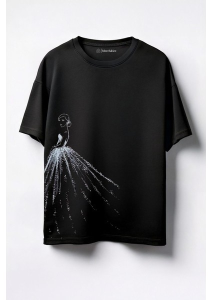 Parlak Gelinlikli Kız Baskılı Unisex Oversize T-Shirt Siyah