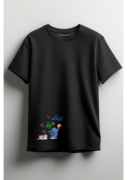 Boyama Yapan Stitch Baskılı Unisex T-Shirt Siyah