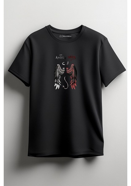 Angel Demon Together Baskılı Unisex T-Shirt Siyah