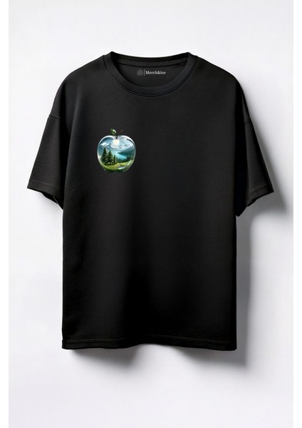 Yeşill Elma Baskılı Unisex Oversize T-Shirt Siyah