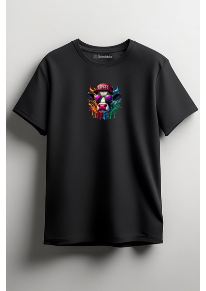 Renkli Covsy Boğa Baskılı Unisex T-Shirt Siyah