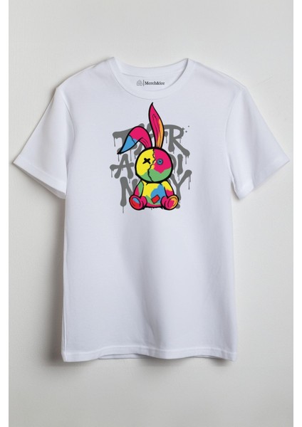Renkli Kavgacı Tavşan Baskılı Unisex T-Shirt Beyaz
