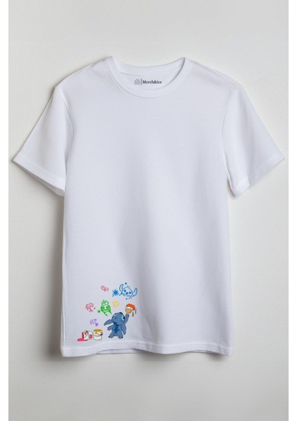 Boyama Yapan Stitch Baskılı Unisex T-Shirt Beyaz