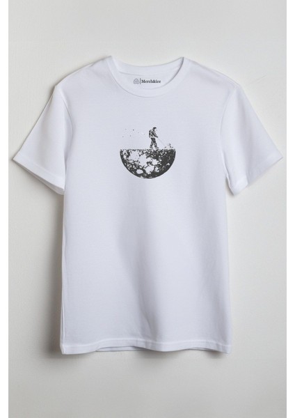 Yarım Aydaki Astronot Baskılı Unisex T-Shirt Beyaz
