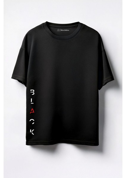Black Yandan Baskılı Unisex Oversize T-Shirt Siyah