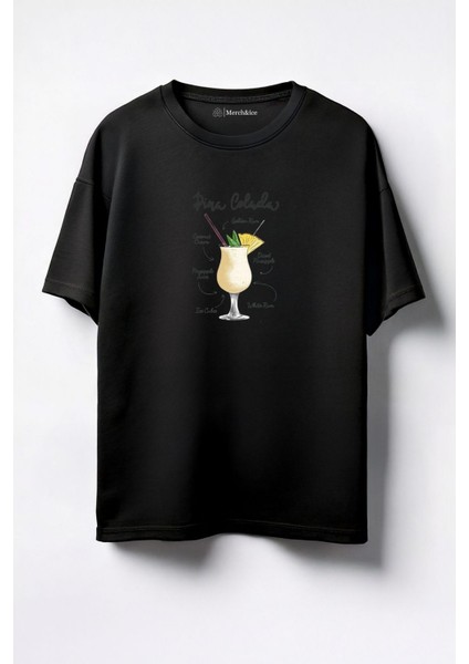 Tarifli Pina Coladas Baskılı Unisex Oversize T-Shirt Siyah