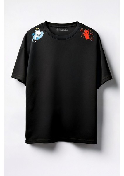 Melek Şeytan Omuzda Baskılı Unisex Oversize T-Shirt Siyah