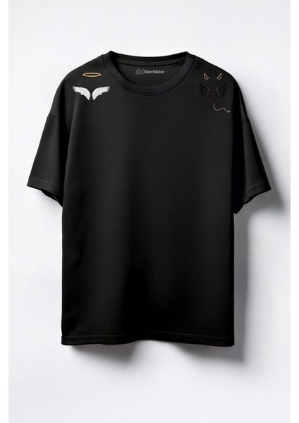 Tarafını Seç Melek Şeytan Baskılı Unisex Oversize T-Shirt Siyah