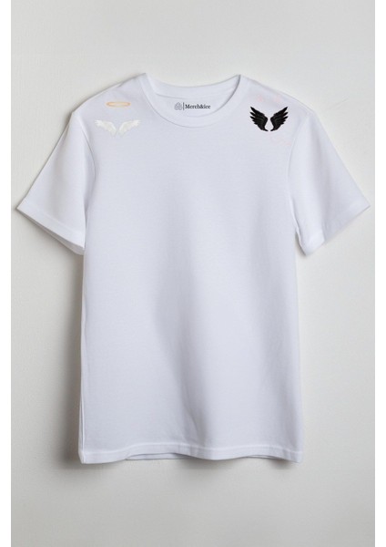 Tarafını Seç Melek Şeytan Baskılı Unisex T-Shirt Beyaz