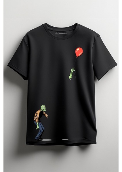 Balonlu Zombi Baskılı Unisex T-Shirt Siyah
