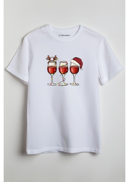 Noel Şapkalı-Işıklı-Geyikli Kırmızı Şarap Kadehleri Baskılı Unisex T-Shirt Beyaz