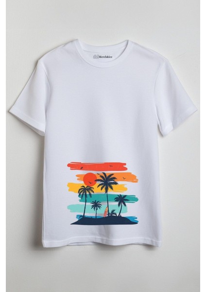 Renkli Tatil Baskılı Unisex T-Shirt Beyaz