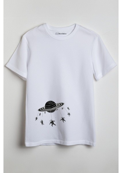 Jupiterdeki Astronotlar Baskılı Unisex T-Shirt Beyaz