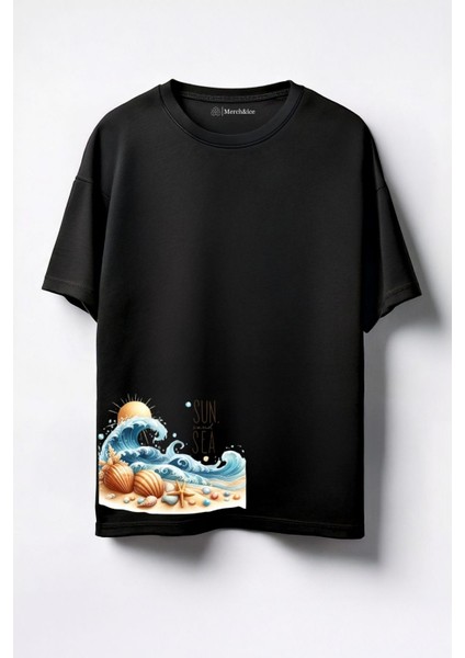 Sun And Sea Baskılı Unisex Oversize T-Shirt Siyah