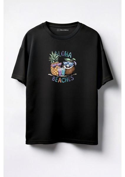 Aloha Beaches Baskılı Unisex Oversize T-Shirt Siyah