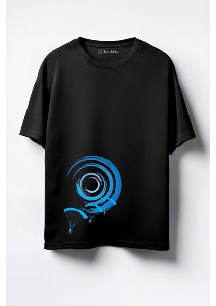 Göz Alan Paraşütler Baskılı Unisex Oversize T-Shirt Siyah