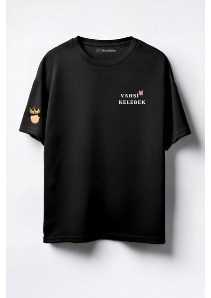 Vahşi Kelebek Göğüs Prens Baskılı Unisex Oversize T-Shirt Siyah