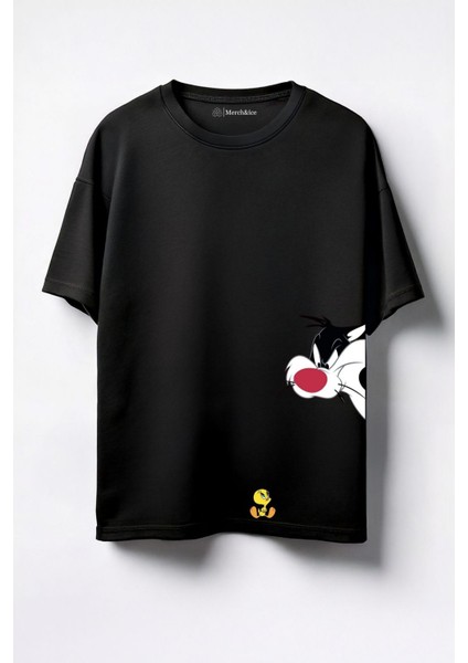 Tweety Sylvester Birlikte Baskılı Unisex Oversize T-Shirt Siyah