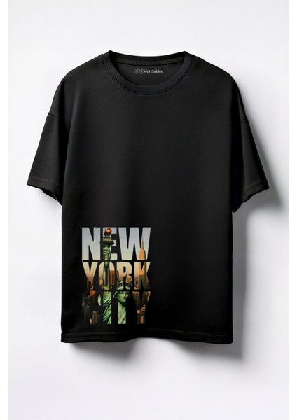 Alta Baskılı Newyork City Baskılı Unisex Oversize T-Shirt Siyah