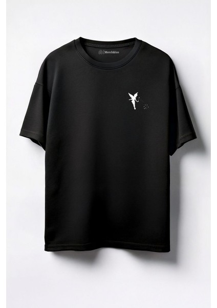 Minik Peri Baskılı Unisex Oversize T-Shirt Siyah