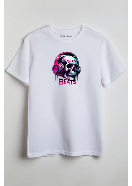 Müzik Dinleyen Kuru Kafa Baskılı Unisex T-Shirt Beyaz
