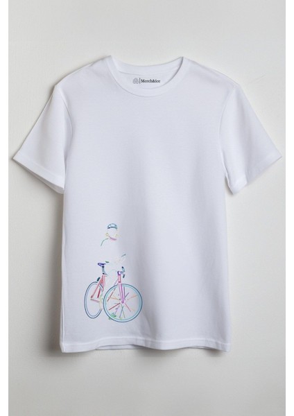 Çizgili Renkli Bisiklet Baskılı Unisex T-Shirt Beyaz