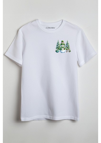 Yeşil Atkılı Bereli Kardan Adam Baskılı Unisex T-Shirt Beyaz