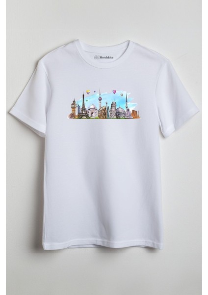 Dünyaca Ünlü Mimari Yapılar Baskılı Unisex T-Shirt Beyaz