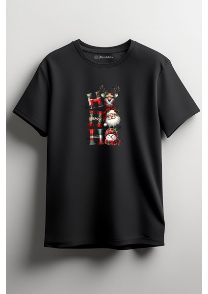 Ren Geyiği - Noel Baba - Kardan Adam Ho Ho Ho Baskılı Unisex T-Shirt Siyah