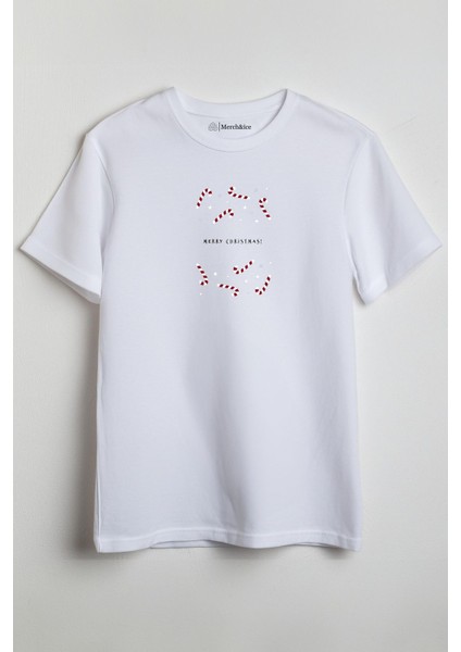 Merry Christmas Baston Şekerleri Yılbaşı Baskılı Unisex T-Shirt Beyaz
