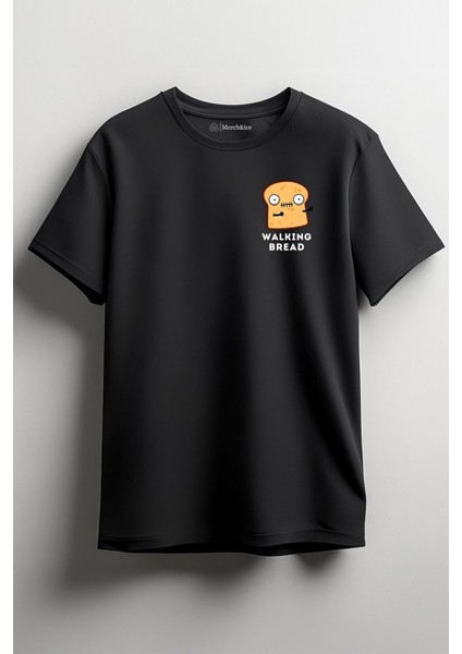 Walking Bread Önü Baskılı Unisex Tişört - Walking Bread Siyah