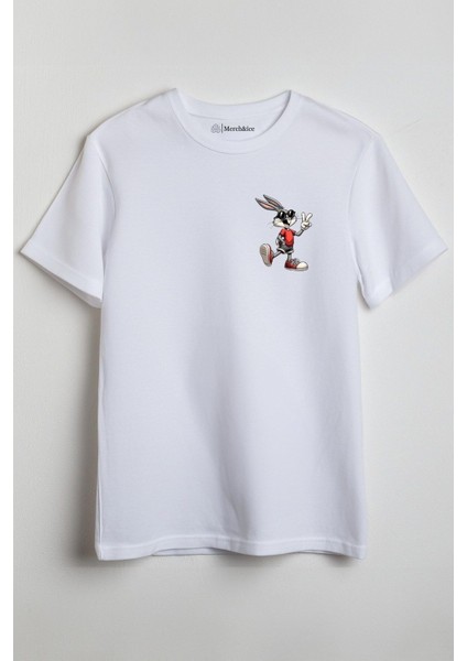 Kırmızılı Bugs Bunny Baskılı Unisex T-Shirt Beyaz