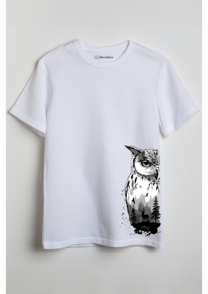 Baykuş Hp Baskılı Unisex T-Shirt Beyaz