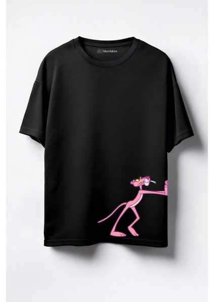 Iten Pembe Panter Baskılı Unisex Oversize T-Shirt Siyah