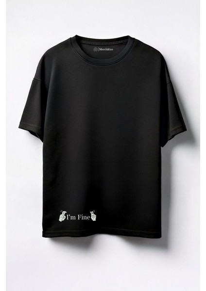 Parmak Içinde I’m Fine Baskılı Unisex Oversize T-Shirt Siyah