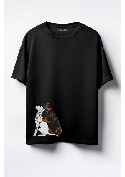 Dalmaçya Dövmeli Köpek Baskılı Unisex Oversize T-Shirt Siyah