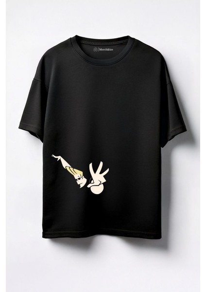Johnny Bravo Baskılı Unisex Oversize T-Shirt Siyah