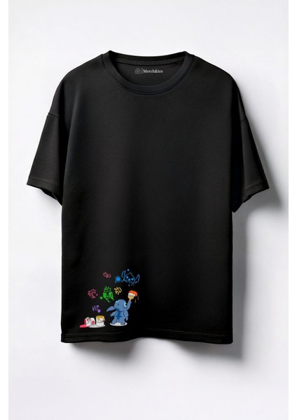 Boyama Yapan Stitch Baskılı Unisex Oversize T-Shirt Siyah