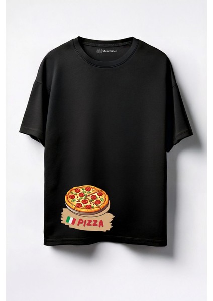 Pizza Italya Baskılı Unisex Oversize T-Shirt Siyah