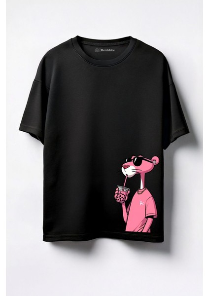 Double Teali Pembe Panter Baskılı Unisex Oversize T-Shirt Siyah