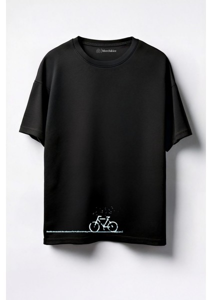 Bisiklet Yolu Baskılı Unisex Oversize T-Shirt Siyah