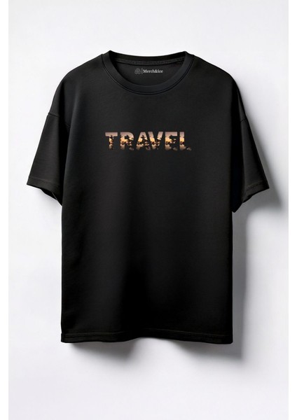 Travel Baskılı Unisex Oversize T-Shirt Siyah