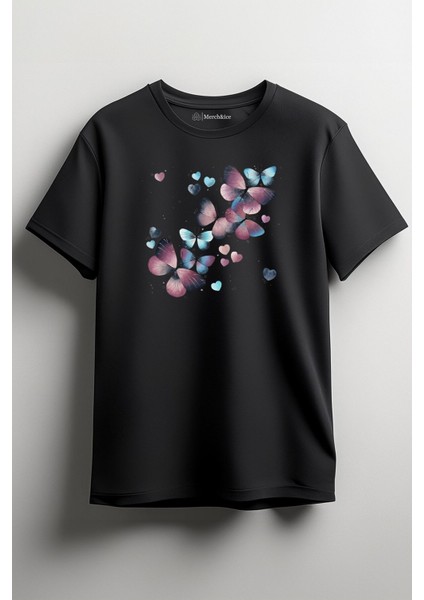 Mavi-Pembe Kelebekler ve Kalpler Baskılı Unisex T-Shirt Siyah