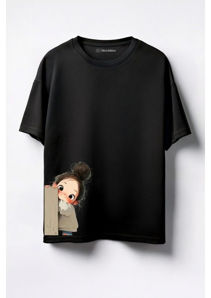 Minik Kız Baskılı Unisex Oversize T-Shirt Siyah