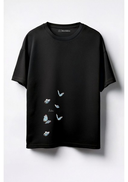 Relax Kelebekler Baskılı Unisex Oversize T-Shirt Siyah