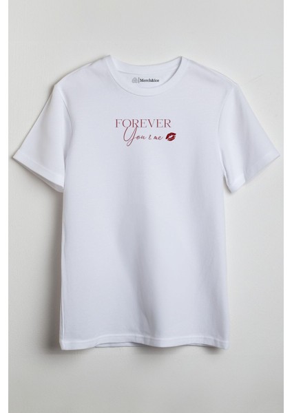 Forever You & Me Baskılı Sevgililer Günü Unisex T-Shirt Beyaz