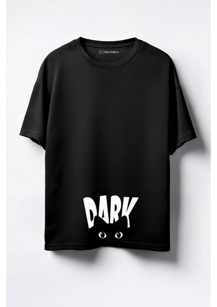 Dark Kedi Baskılı Unisex Oversize T-Shirt Siyah